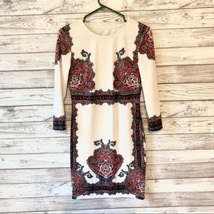 Porcelain Sheath 3/4 Sleeve Pattern Dress XS